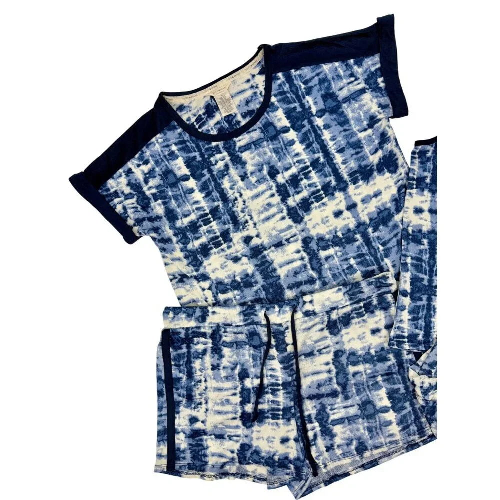 Lucky Brand 4-Piece Blue Tie Dye Lounge Set w/Tank Top, T-shirt, Shorts & Pants